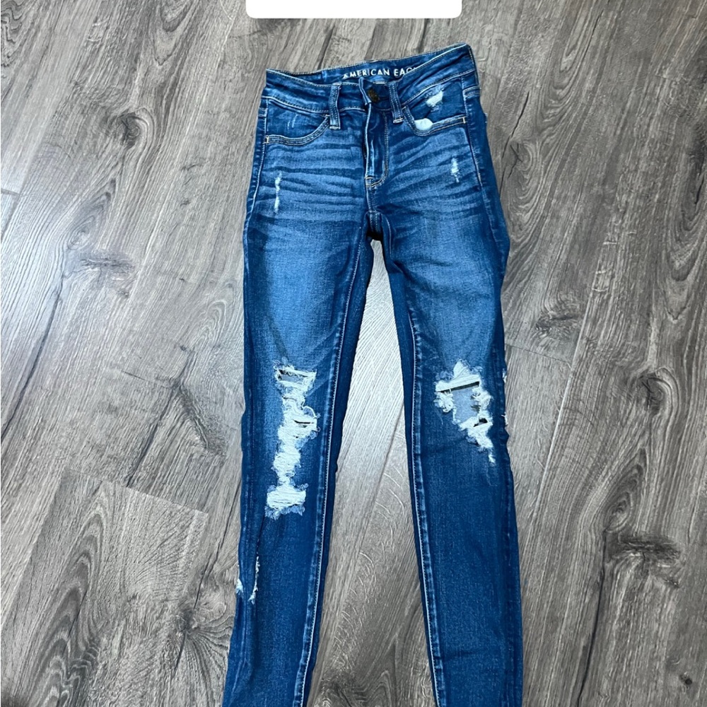 American Eagle Outfitters Women's Dark Blue Ripped Skinny Jeans